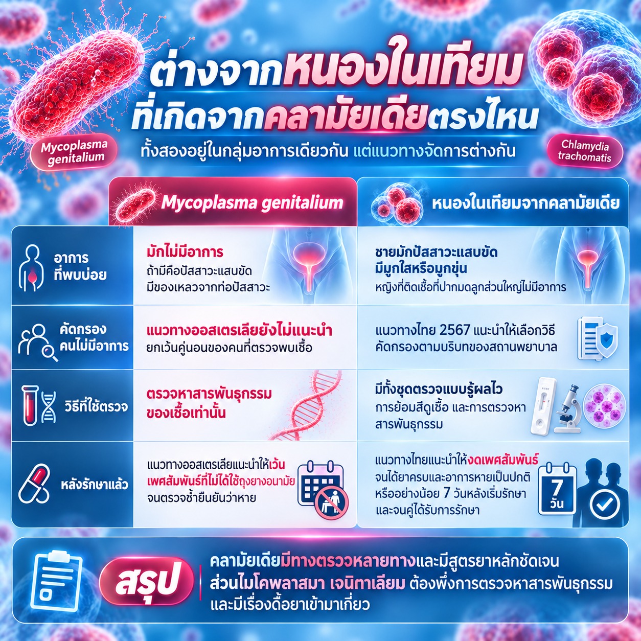 ภาพปรียบเทียบ Mycoplasma genitalium กับหนองในเทียมจากคลามัยเดีย ในด้านอาการ วิธีตรวจ และแนวทางหลังรักษา